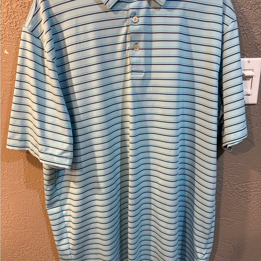 Peter Millar Light Blue Polo with Navy and White Stripes